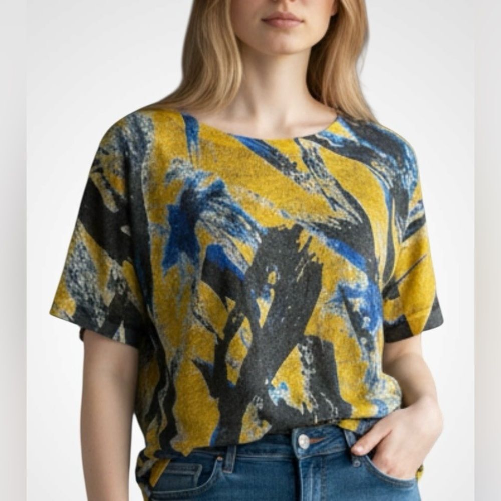 Women’s Yellow & Blue Abstract Short Sleeve Top | Lightweight Hi-Low hem NWT S